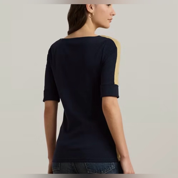 Ralph Lauren Women’s Two-Tone Stretch Cotton Elbow-Sleeve Tee Navy Blue Gold NWT - Picture 6 of 15